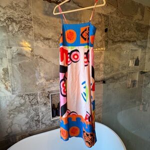 Colorful Abstract Print Midi Dress Size M Smocked Back Summer Boho